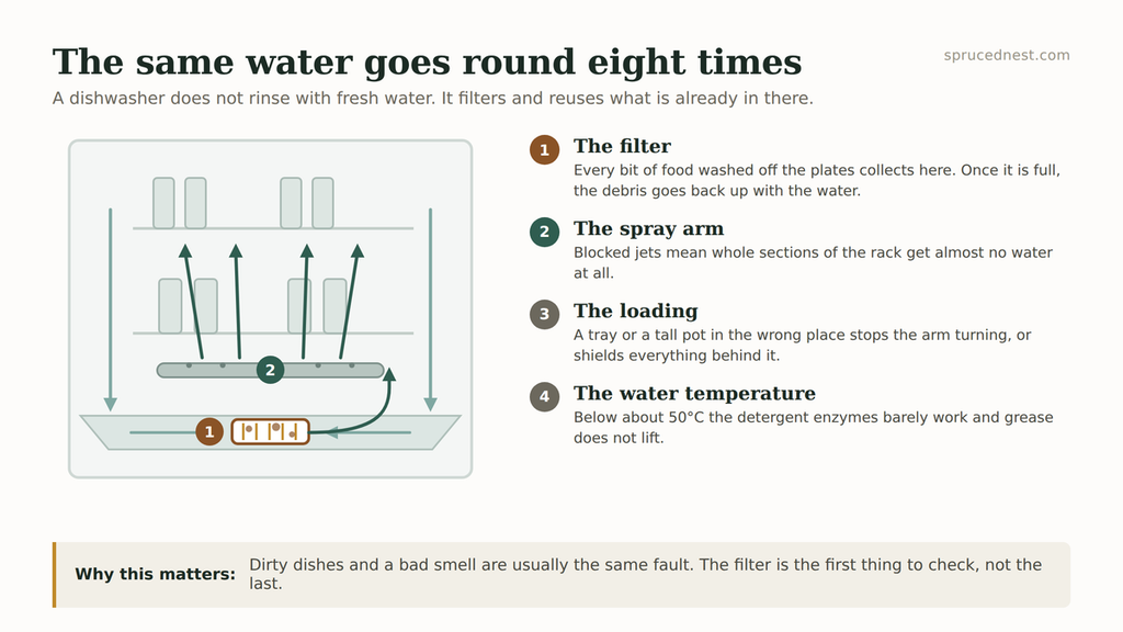 Diagram of how water recirculates and why a dishwasher not cleaning often has a blocked filter