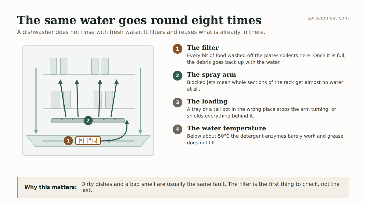 Diagram of water recirculation, a common cause of a dishwasher not cleaning properly
