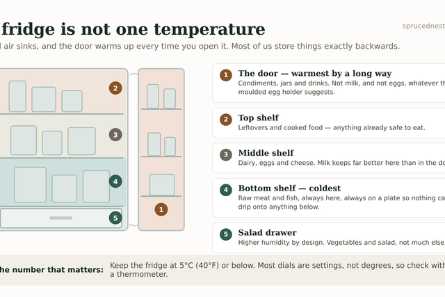 Shelf-by-shelf map of where to store food in a fridge