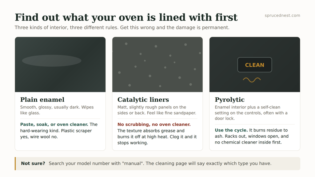 Check the lining before you clean an oven without scrubbing: plain enamel, matte catalytic liners and self-cleaning interiors