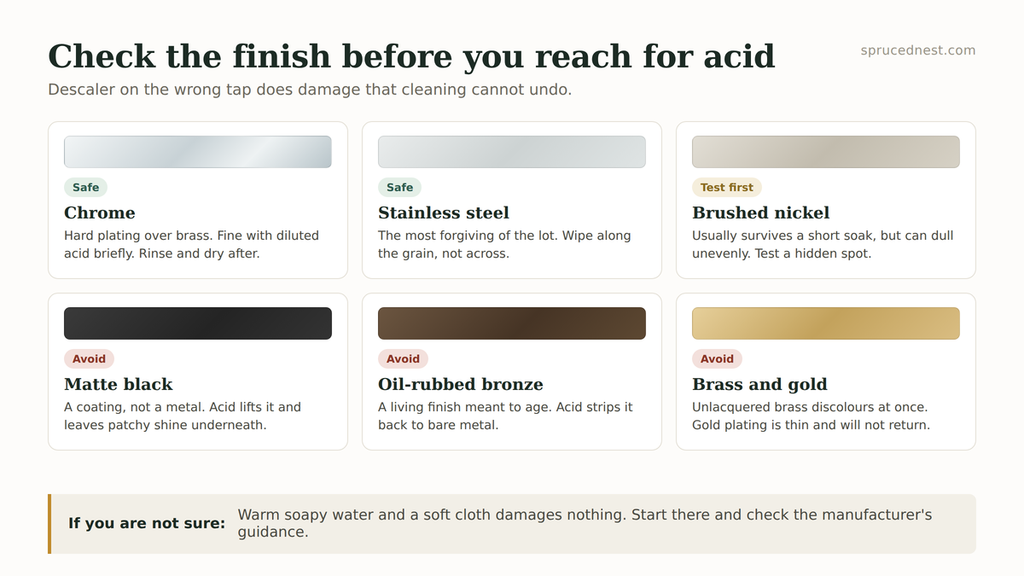 Tap finish safety chart showing where it is safe to remove limescale with acid