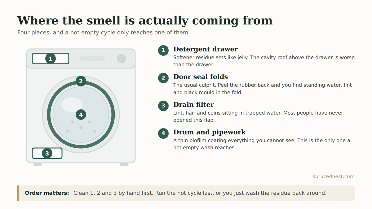 Diagram of the hidden places where washing machine smells start, from the door seal to the filter