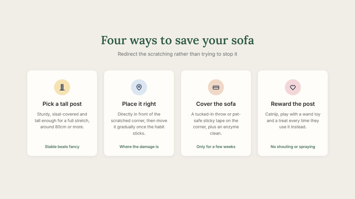 Four ways to stop cat scratching on the sofa: pick a tall post, place it right, cover the sofa, reward the post