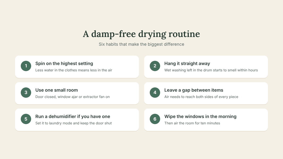 A damp-free routine to dry clothes indoors, from fast spin to a closed room with a dehumidifier