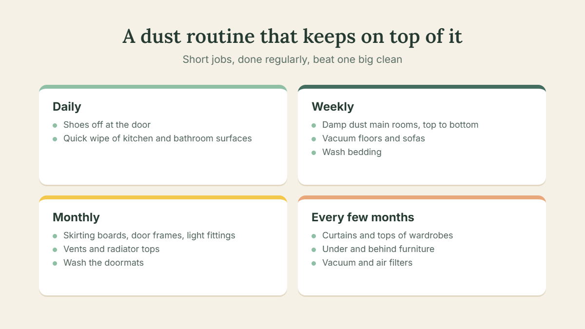 Simple weekly routine to reduce dust at home, room by room