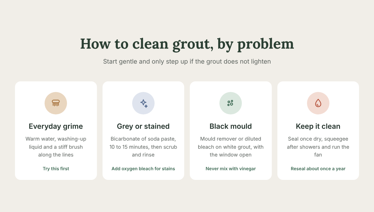 How to clean grout by problem: everyday grime, gray or stained grout, black mold, and keeping it clean