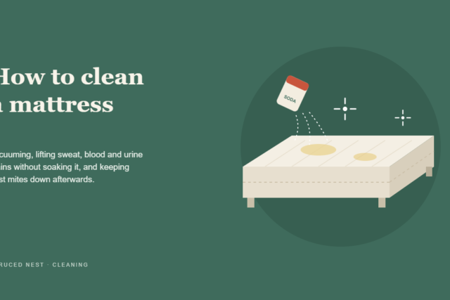 Bare mattress being vacuumed and treated with baking soda to clean a mattress