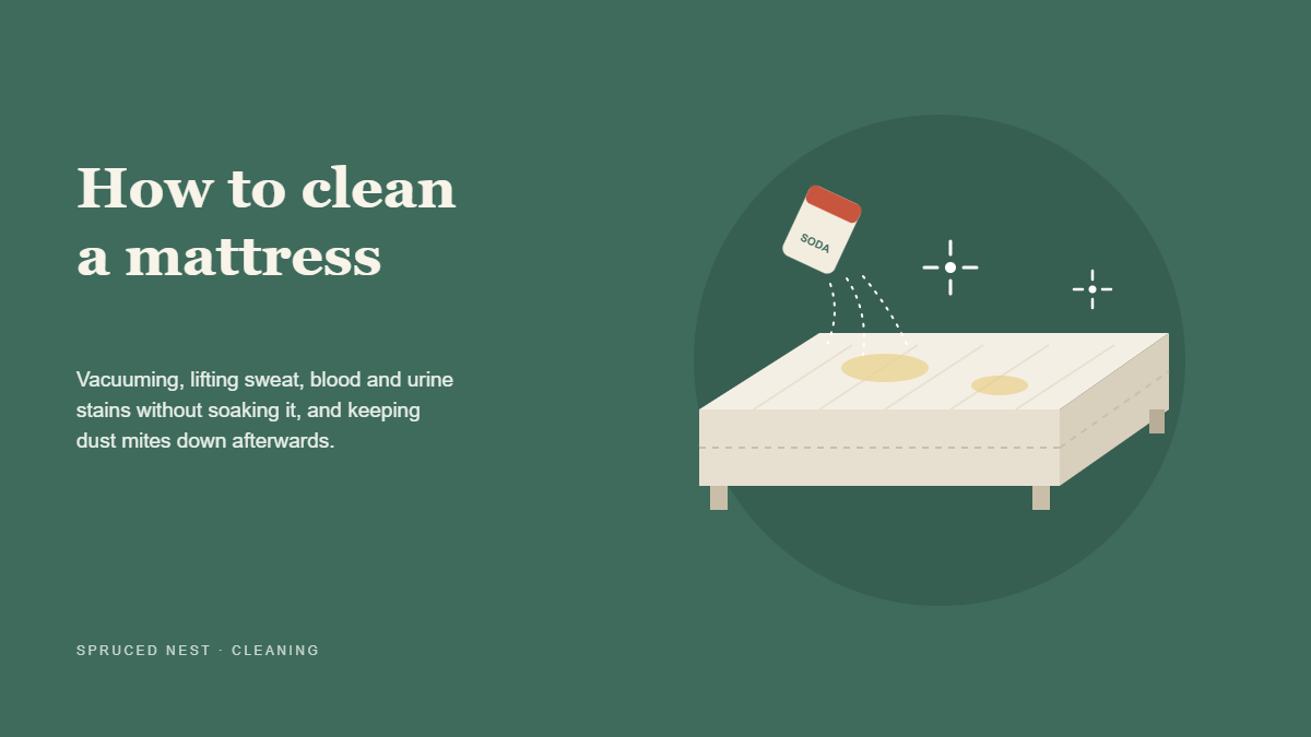 Bare mattress being vacuumed and treated with baking soda to clean a mattress