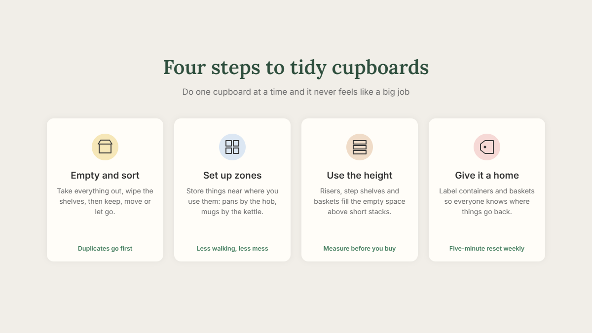 Four steps to organize kitchen cupboards: empty and sort, set up zones, use the height, give everything a home