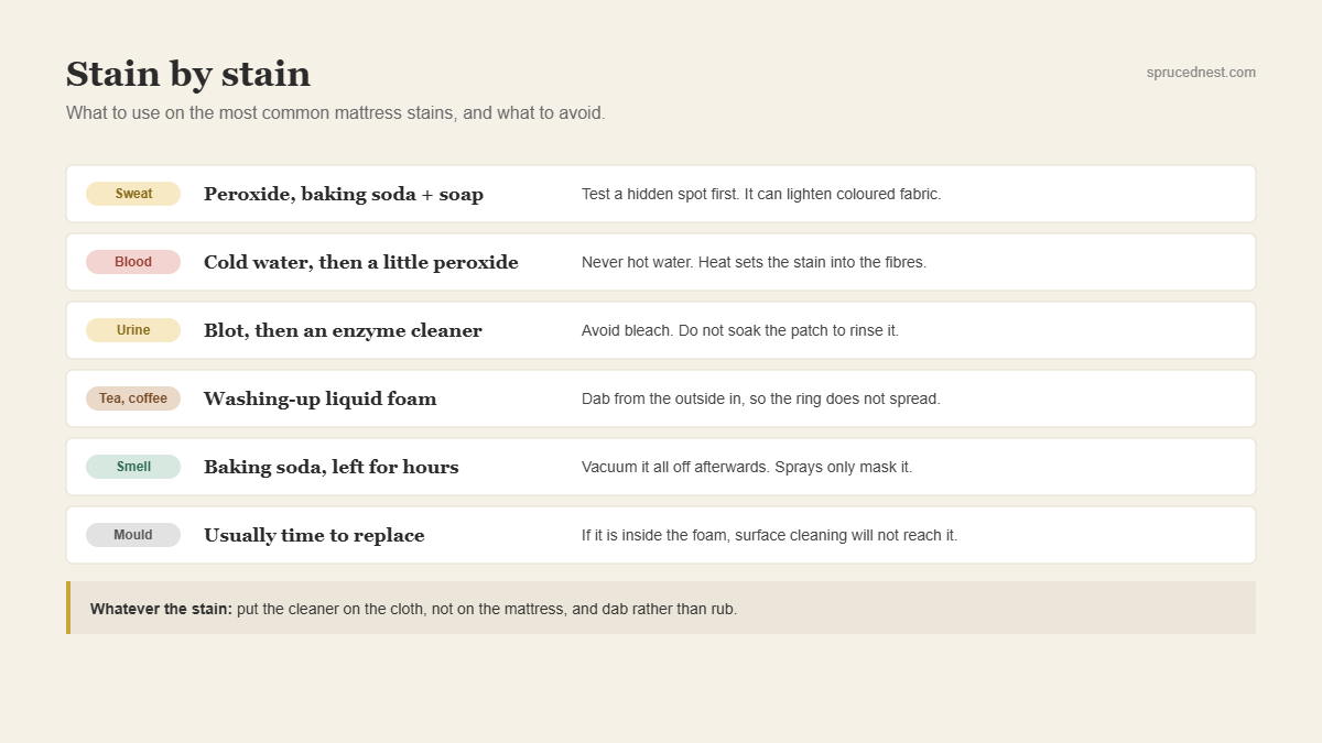 Table of the right product to use when you clean a mattress, by type of stain
