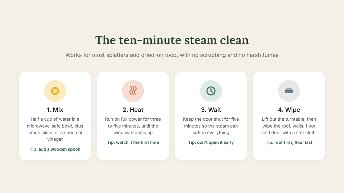 Four steps to clean a microwave with steam: mix lemon or vinegar water, heat until it steams, wait five minutes, then wipe