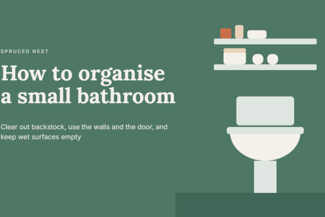 Small bathroom with no storage organized with wall shelves and hooks instead of cabinets