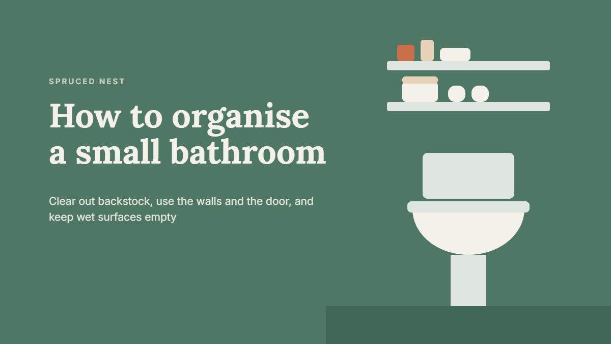 Small bathroom with no storage organized with wall shelves and hooks instead of cabinets