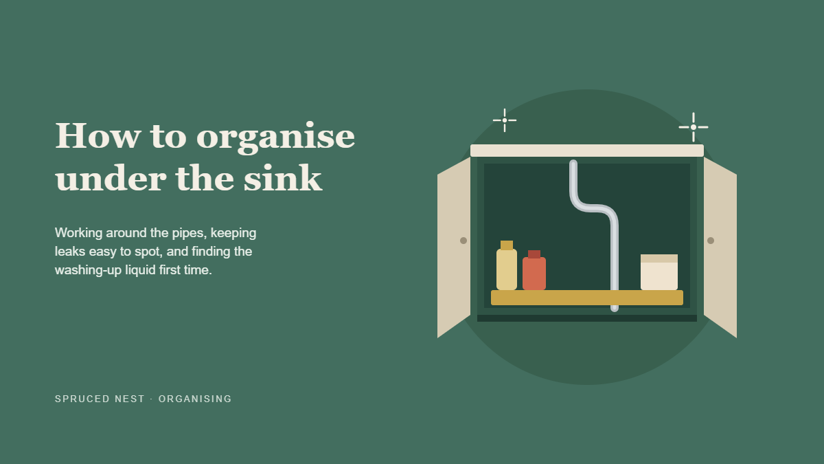 Organized cabinet showing under kitchen sink storage with bins and a caddy around the pipes