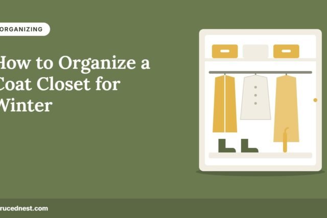 How to organize a coat closet for winter with shelf bins, coats on the rod and boots on a tray