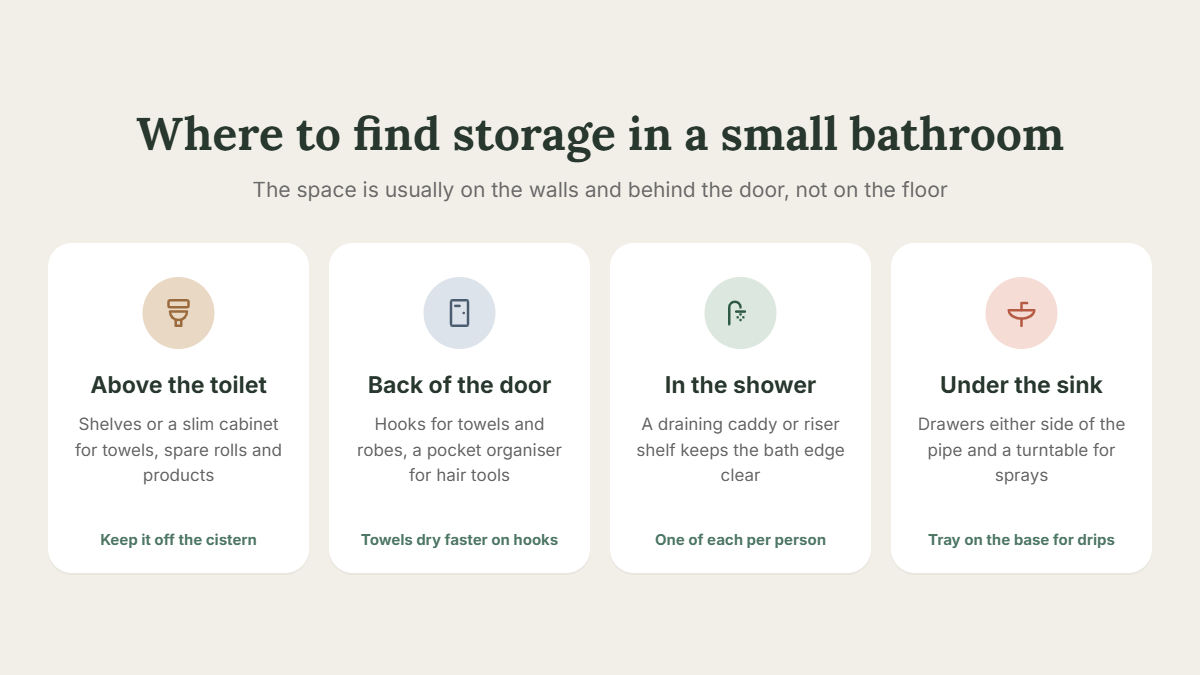 How to organize a small bathroom: storage above the toilet, on the back of the door, in the shower and under the sink