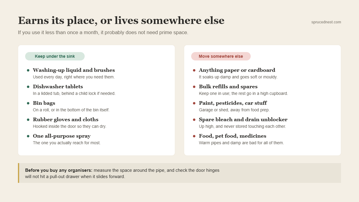 Chart of what to keep or move when you organize under kitchen sink storage