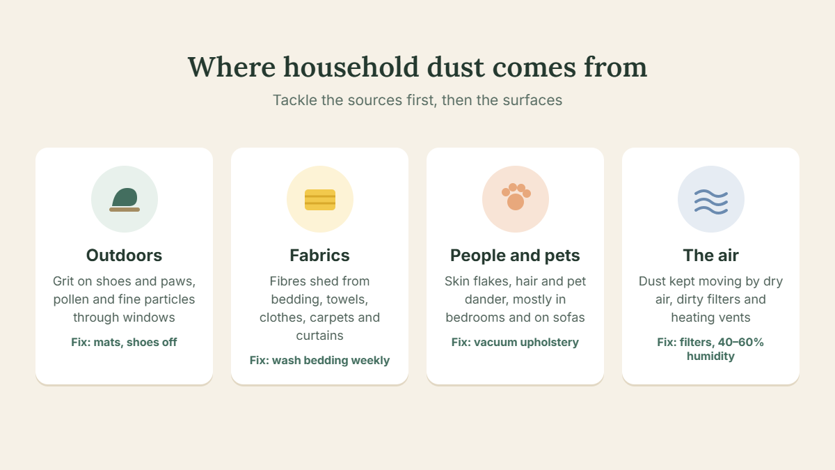 Diagram of where household dust comes from, to help you reduce dust at the source