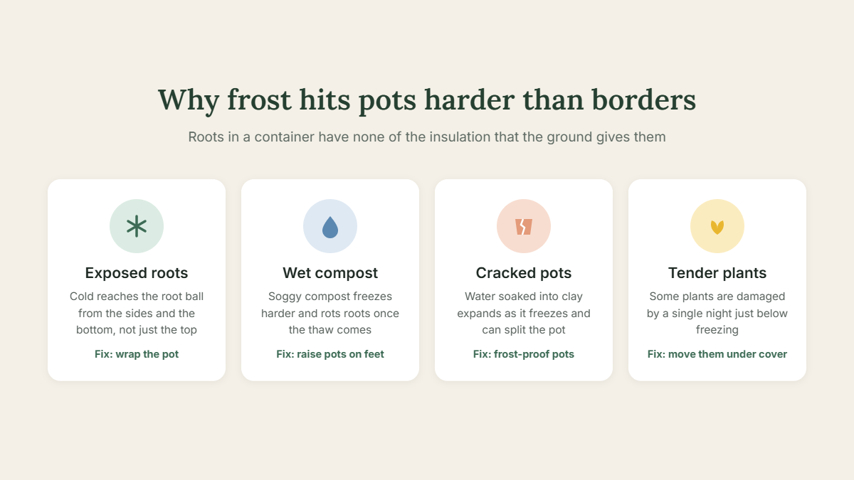 Protect potted plants from frost: exposed roots, wet compost, cracked pots and tender plants, with a fix for each