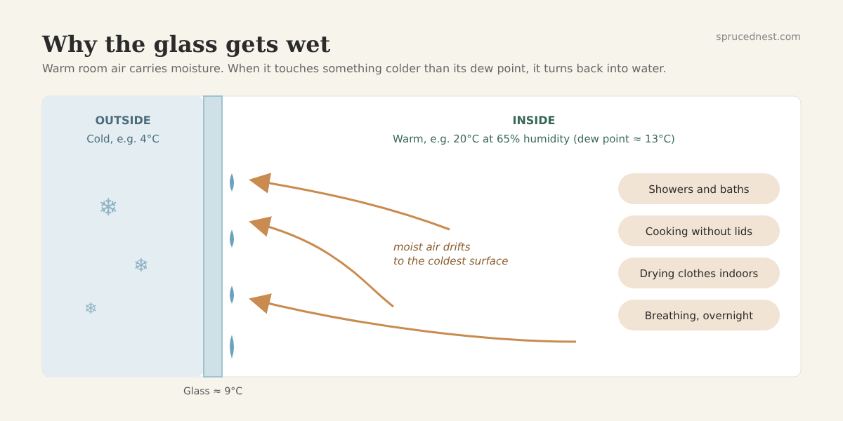 Why condensation on windows forms when warm, moist air meets cold glass